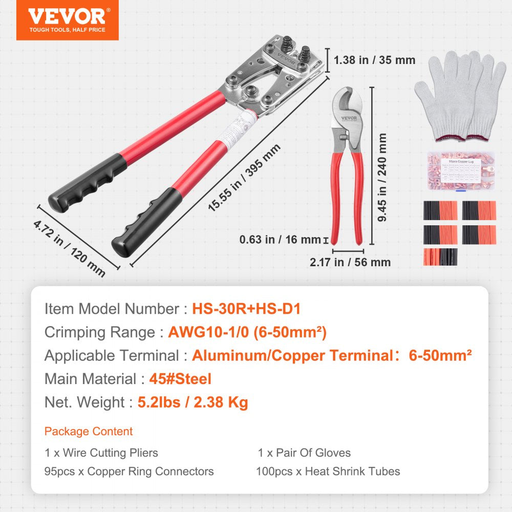 Crimping Tool, AWG10-1/0 Copper And Aluminum Terminal Battery Lug Crimper, 6 Wire Sizes Crimping Die, with a Cutting Pliers, Gloves, 95pcs Copper Ring Connectors, and 100pcs Heat Shrink Tubes
