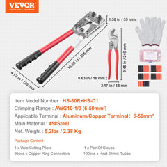 Crimping Tool, AWG10-1/0 Copper And Aluminum Terminal Battery Lug Crimper, 6 Wire Sizes Crimping Die, with a Cutting Pliers, Gloves, 95pcs Copper Ring Connectors, and 100pcs Heat Shrink Tubes