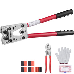 Crimping Tool, AWG10-1/0 Copper And Aluminum Terminal Battery Lug Crimper, 6 Wire Sizes Crimping Die, with a Cutting Pliers, Gloves, 95pcs Copper Ring Connectors, and 100pcs Heat Shrink Tubes