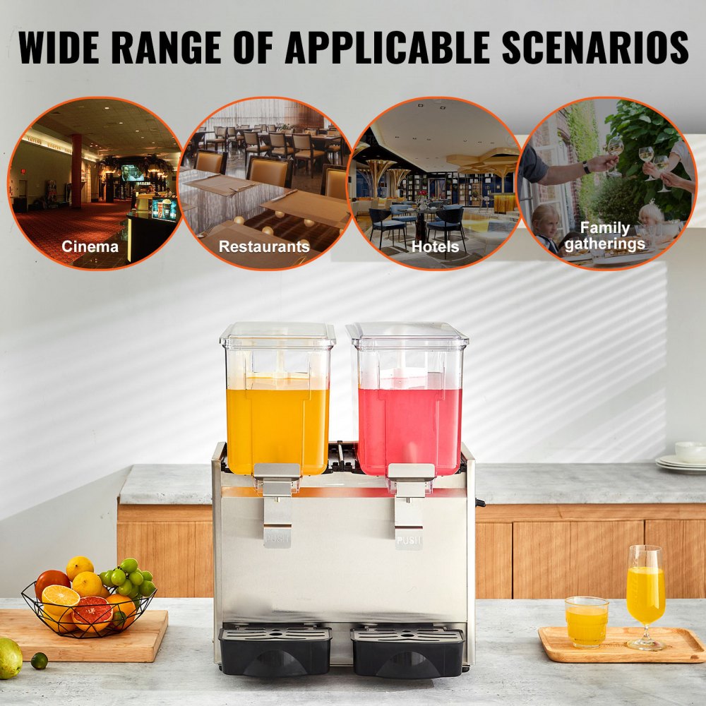 Commercial Beverage Dispenser, 13.6 Qt 12L 2 Tanks Ice Tea Drink Machine, 280W 304 Stainless Steel Juice Dispenser with 41℉-53.6℉ Thermostat Controller, for Cold Drink Restaurant Hotel Party