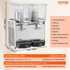 Commercial Beverage Dispenser, 13.6 Qt 12L 2 Tanks Ice Tea Drink Machine, 280W 304 Stainless Steel Juice Dispenser with 41℉-53.6℉ Thermostat Controller, for Cold Drink Restaurant Hotel Party