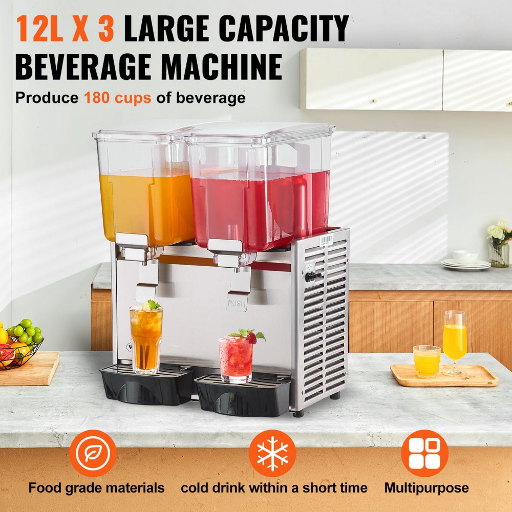 Commercial Beverage Dispenser, 13.6 Qt 12L 3 Tanks Ice Tea Drink Machine, 620W 304 Stainless Steel Juice Dispenser with 41℉-53.6℉ Thermostat Controller, for Cold Drink Restaurant Hotel Party