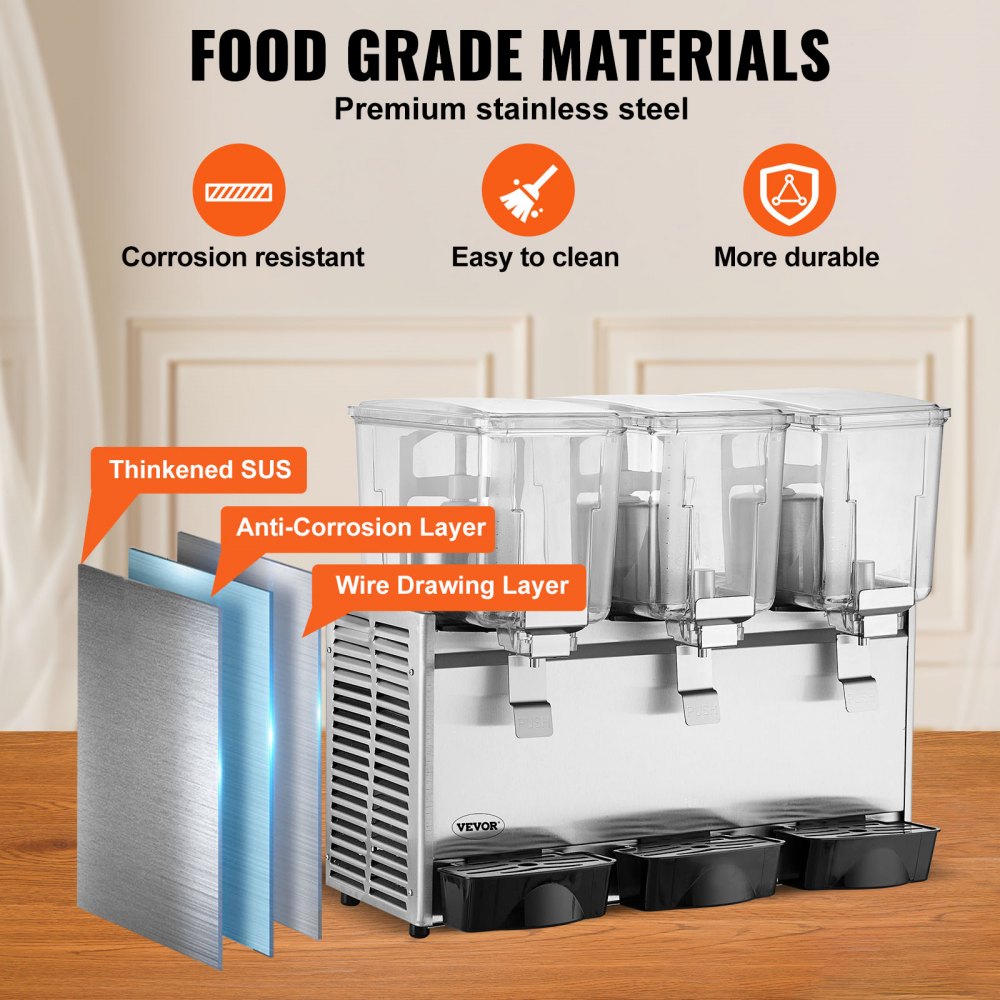Commercial Beverage Dispenser, 13.6 Qt 12L 3 Tanks Ice Tea Drink Machine, 620W 304 Stainless Steel Juice Dispenser with 41℉-53.6℉ Thermostat Controller, for Cold Drink Restaurant Hotel Party