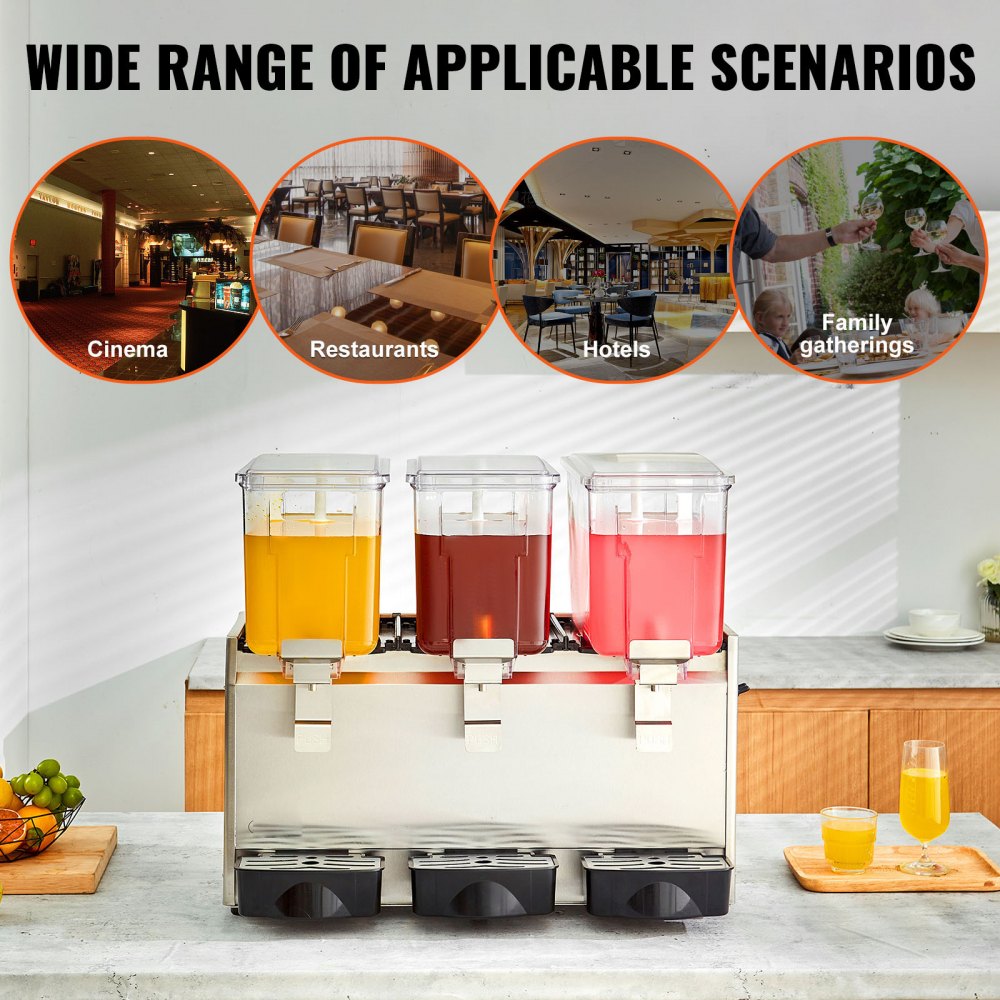 Commercial Beverage Dispenser, 13.6 Qt 12L 3 Tanks Ice Tea Drink Machine, 620W 304 Stainless Steel Juice Dispenser with 41℉-53.6℉ Thermostat Controller, for Cold Drink Restaurant Hotel Party