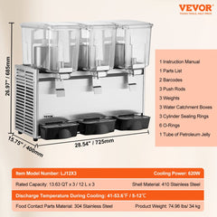Commercial Beverage Dispenser, 13.6 Qt 12L 3 Tanks Ice Tea Drink Machine, 620W 304 Stainless Steel Juice Dispenser with 41℉-53.6℉ Thermostat Controller, for Cold Drink Restaurant Hotel Party