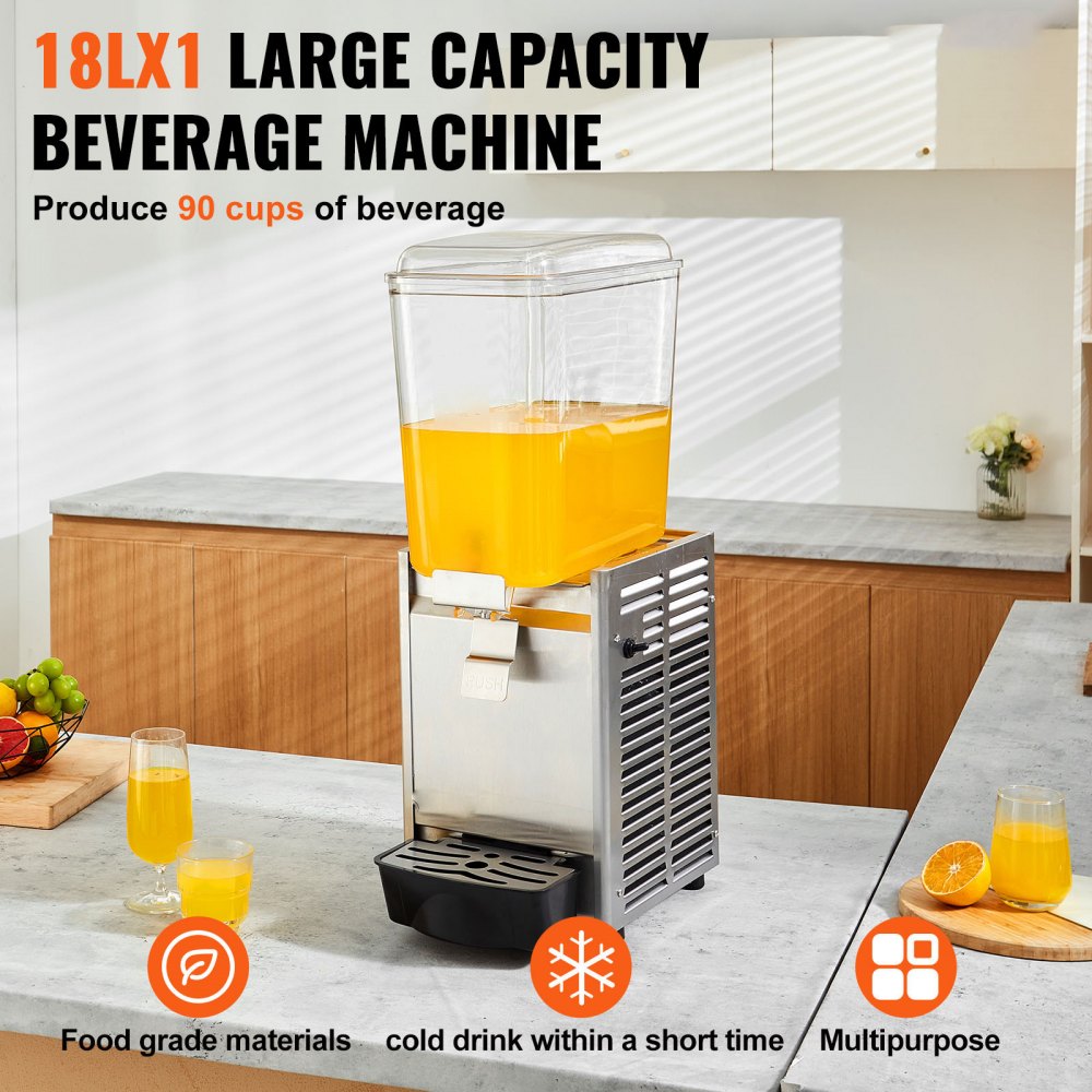 Commercial Beverage Dispenser, 20.4 Qt 18L Single Tank Ice Tea Drink Machine, 325W 304 Stainless Steel Juice Dispenser with 41℉-53.6℉ Thermostat Controller, for Cold Drink Restaurant Hotel Party