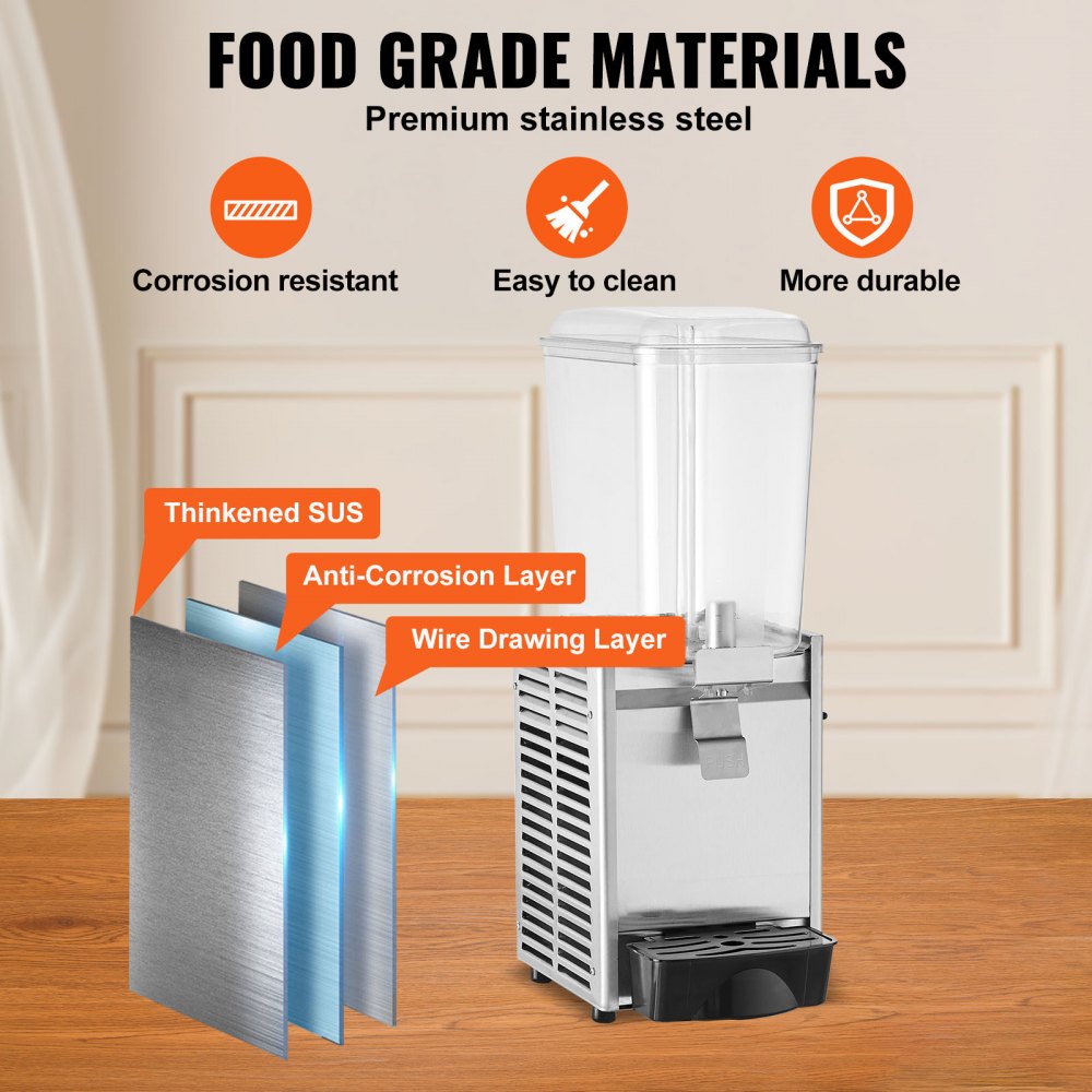 Commercial Beverage Dispenser, 20.4 Qt 18L Single Tank Ice Tea Drink Machine, 325W 304 Stainless Steel Juice Dispenser with 41℉-53.6℉ Thermostat Controller, for Cold Drink Restaurant Hotel Party