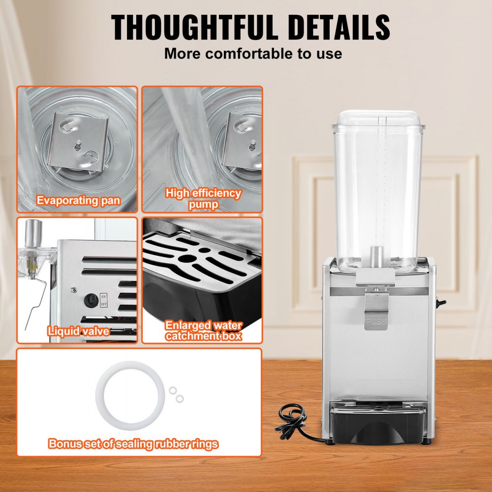 Commercial Beverage Dispenser, 20.4 Qt 18L Single Tank Ice Tea Drink Machine, 325W 304 Stainless Steel Juice Dispenser with 41℉-53.6℉ Thermostat Controller, for Cold Drink Restaurant Hotel Party