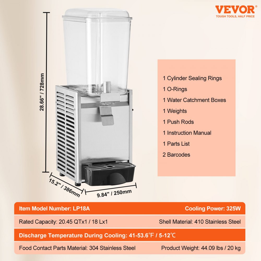 Commercial Beverage Dispenser, 20.4 Qt 18L Single Tank Ice Tea Drink Machine, 325W 304 Stainless Steel Juice Dispenser with 41℉-53.6℉ Thermostat Controller, for Cold Drink Restaurant Hotel Party