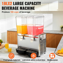 Commercial Beverage Dispenser, 20.4 Qt 18L 2 Tanks Ice Tea Drink Machine, 590W 304 Stainless Steel Juice Dispenser with 41℉-53.6℉ Thermostat Controller, for Cold Drink Restaurant Hotel Party