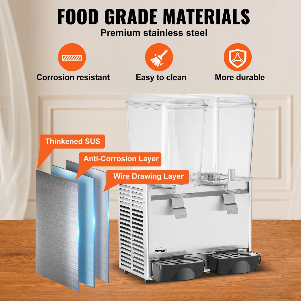 Commercial Beverage Dispenser, 20.4 Qt 18L 2 Tanks Ice Tea Drink Machine, 590W 304 Stainless Steel Juice Dispenser with 41℉-53.6℉ Thermostat Controller, for Cold Drink Restaurant Hotel Party