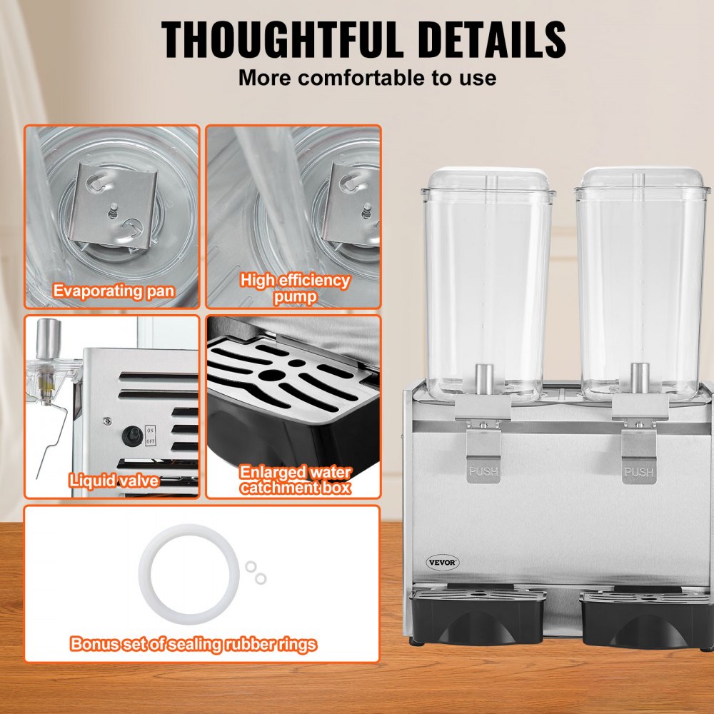 Commercial Beverage Dispenser, 20.4 Qt 18L 2 Tanks Ice Tea Drink Machine, 590W 304 Stainless Steel Juice Dispenser with 41℉-53.6℉ Thermostat Controller, for Cold Drink Restaurant Hotel Party