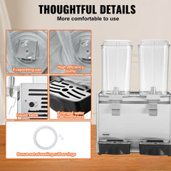 Commercial Beverage Dispenser, 20.4 Qt 18L 2 Tanks Ice Tea Drink Machine, 590W 304 Stainless Steel Juice Dispenser with 41℉-53.6℉ Thermostat Controller, for Cold Drink Restaurant Hotel Party