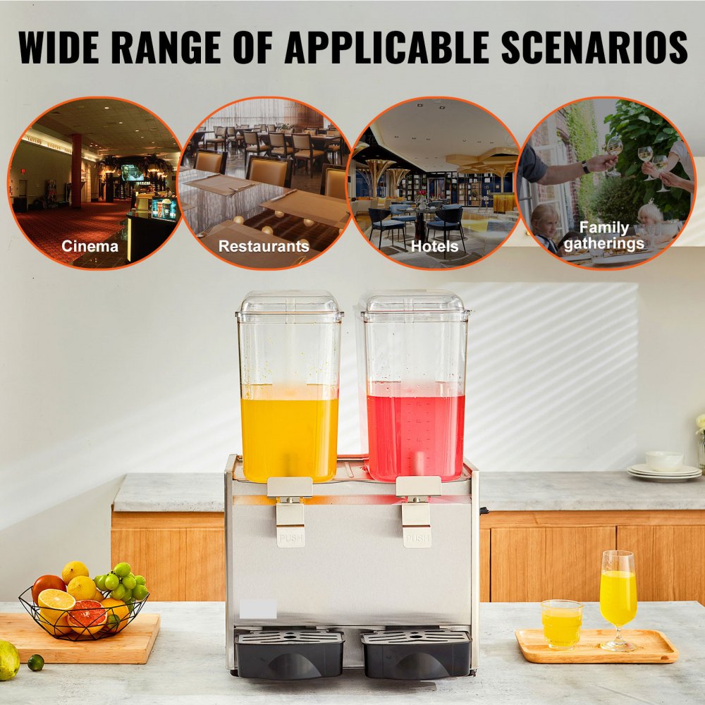 Commercial Beverage Dispenser, 20.4 Qt 18L 2 Tanks Ice Tea Drink Machine, 590W 304 Stainless Steel Juice Dispenser with 41℉-53.6℉ Thermostat Controller, for Cold Drink Restaurant Hotel Party