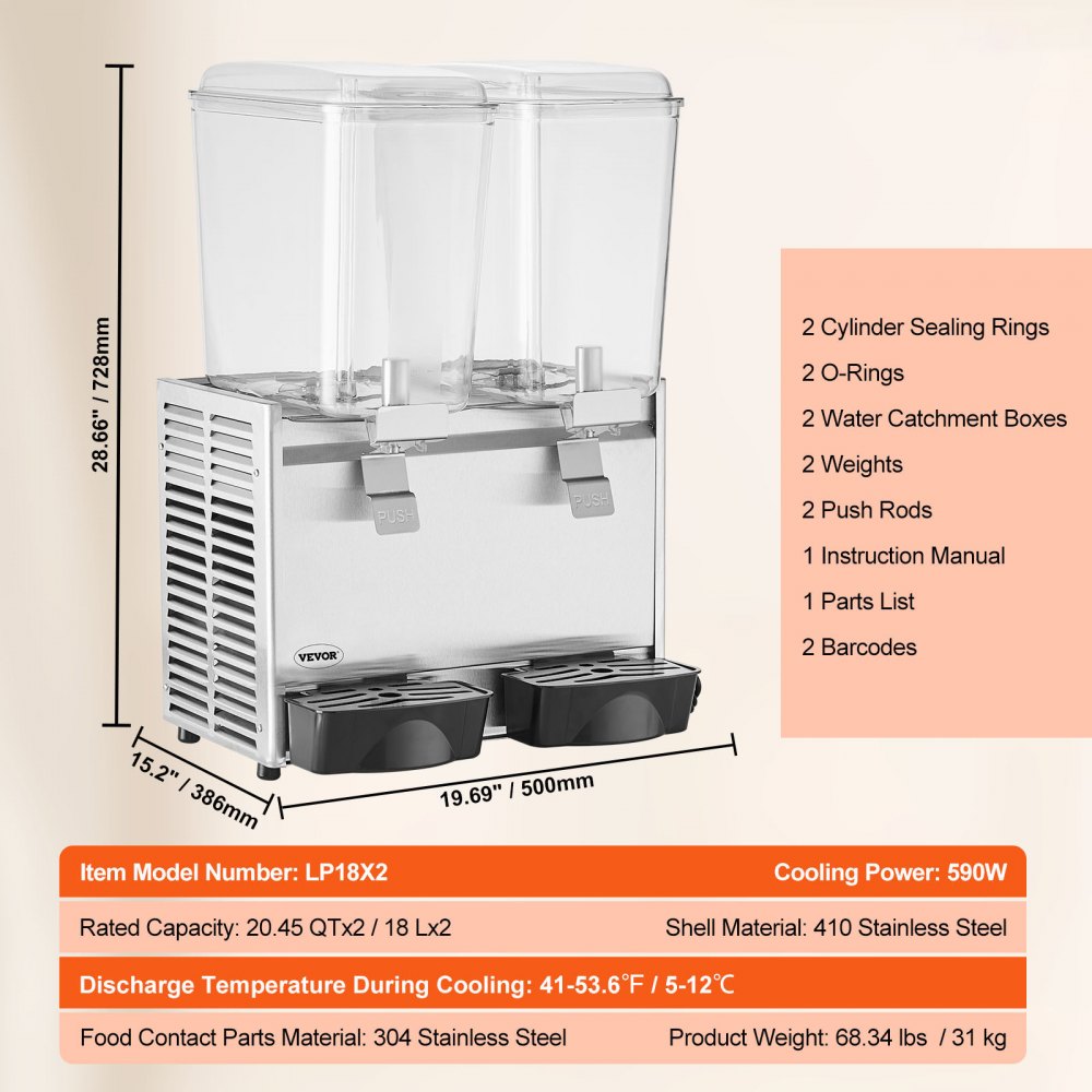 Commercial Beverage Dispenser, 20.4 Qt 18L 2 Tanks Ice Tea Drink Machine, 590W 304 Stainless Steel Juice Dispenser with 41℉-53.6℉ Thermostat Controller, for Cold Drink Restaurant Hotel Party
