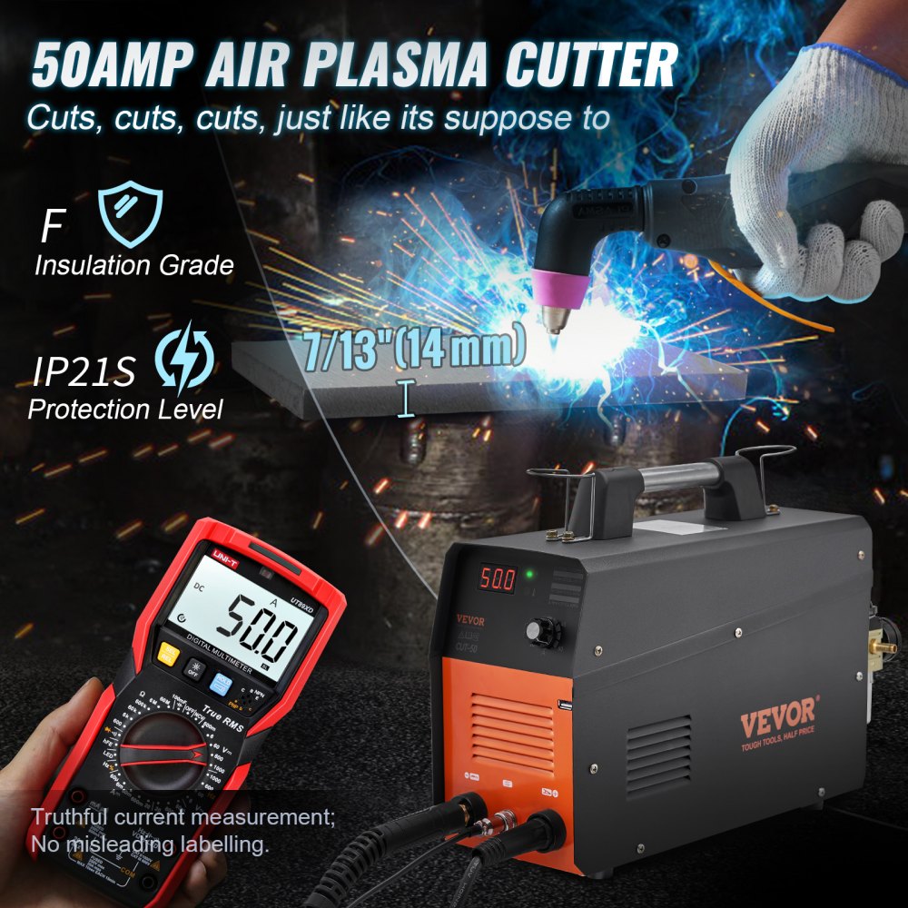 Plasma Cutter, 50Amp, Air Cutting Machine with Plasma Torch, 110V/220V Dual Voltage AC IGBT Inverter Metal Cutting Equipment for 1/2" Clean Cut Aluminum and Stainless Steel, Black