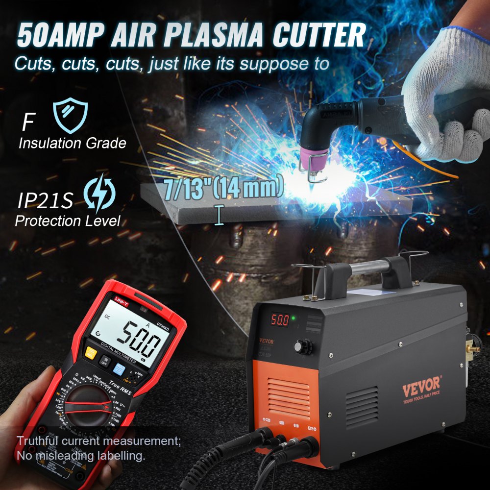Plasma Cutter, 50Amp, Non-Touch Pilot Arc Air Cutting Machine with Torch, 110V/220V Dual Voltage AC IGBT Inverter Metal Cutting Equipment for 1/2" Clean Cut Aluminum and Stainless Steel, Black