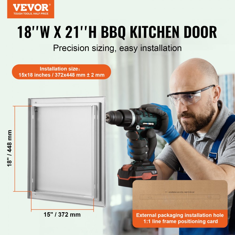 BBQ Access Door, 18W x 21H Inch Single Outdoor Kitchen Door, Stainless Steel Flush Mount Door, Wall Vertical Door with Recessed Handle, for BBQ Island, Grilling Station, Outside Cabinet