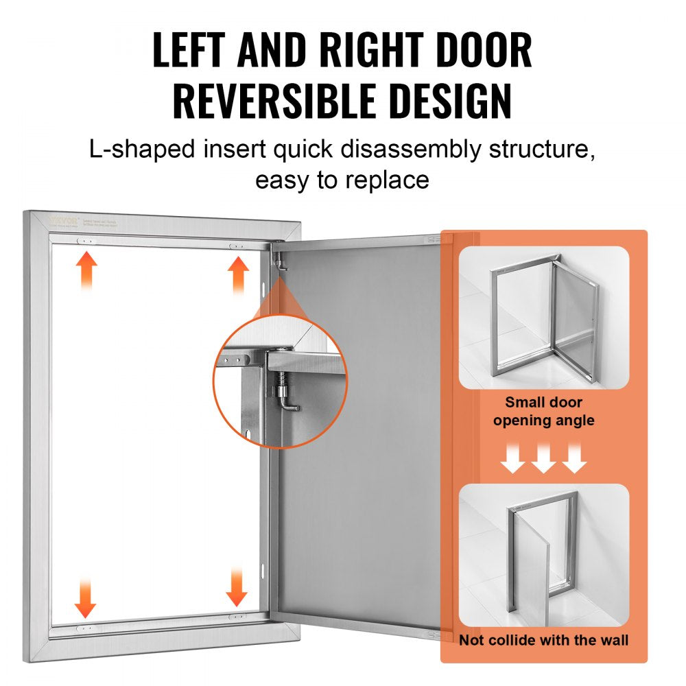 BBQ Access Door, 17W x 24H Inch Single Outdoor Kitchen Door, Stainless Steel Flush Mount Door, Wall Vertical Door with Recessed Handle, for BBQ Island, Grilling Station, Outside Cabinet