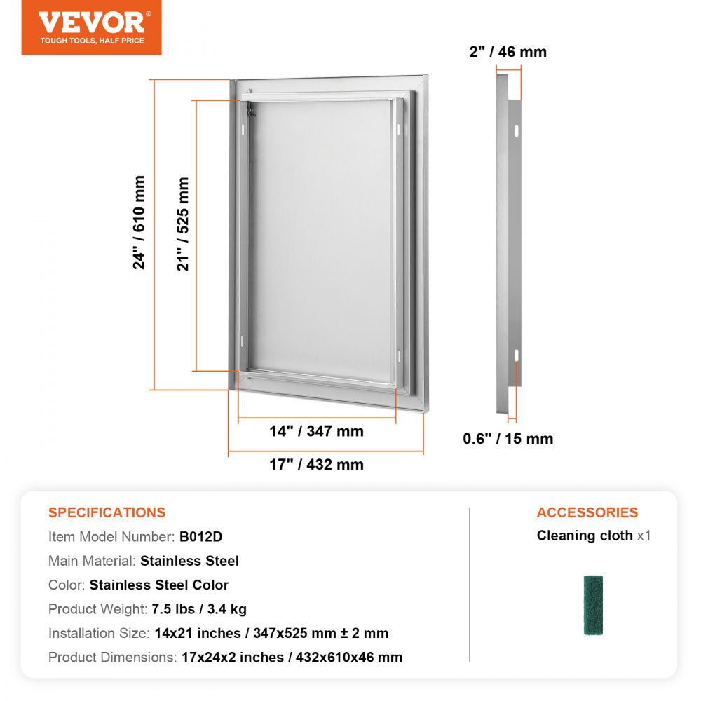 BBQ Access Door, 17W x 24H Inch Single Outdoor Kitchen Door, Stainless Steel Flush Mount Door, Wall Vertical Door with Recessed Handle, for BBQ Island, Grilling Station, Outside Cabinet