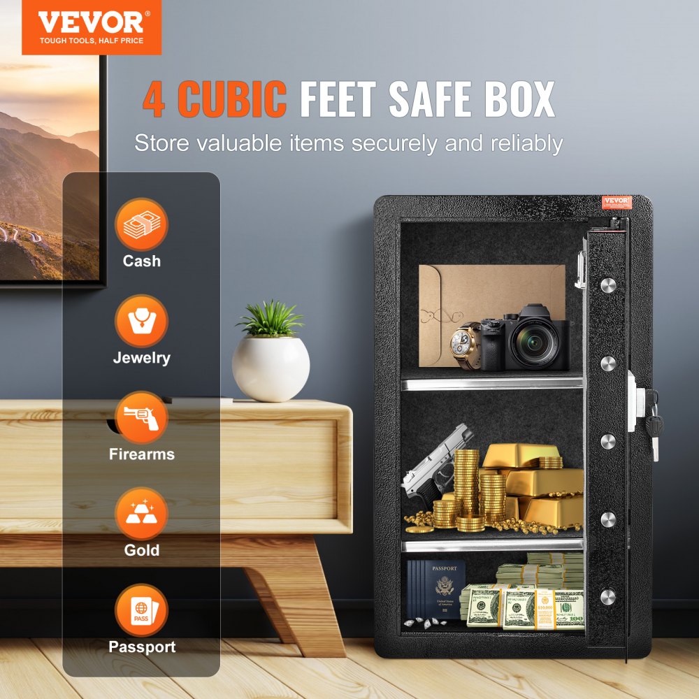 Single Door 4.0 cu.ft Safe Box with Key Lock Password & Fingerprint Black，organize cash, passports, jewelry, gold, watches and documents