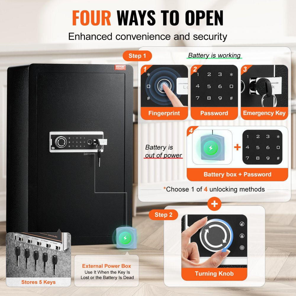 Single Door 4.0 cu.ft Safe Box with Key Lock Password & Fingerprint Black，organize cash, passports, jewelry, gold, watches and documents