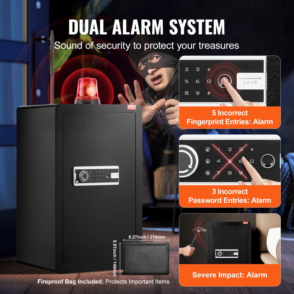 Single Door 4.0 cu.ft Safe Box with Key Lock Password & Fingerprint Black，organize cash, passports, jewelry, gold, watches and documents