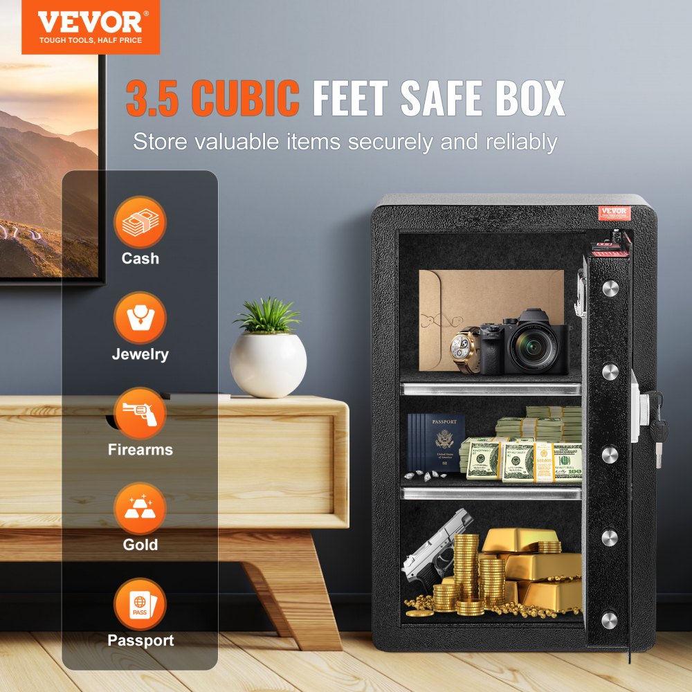 Single Door 3.5 cu.ft Safe Box with Key Lock & Password LED Light Black,organize cash, passports, jewelry, gold, watches and documents