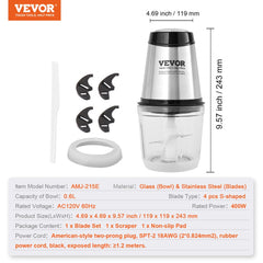 Food Processor, Electric Meat Grinder with 4-Wing Stainless Steel Blades, 2.5 Cup Glass Bowl, 400W Electric Food Chopper, 2 Speeds Food Grinder for Baby Food, Meat, Onion, Vegetables