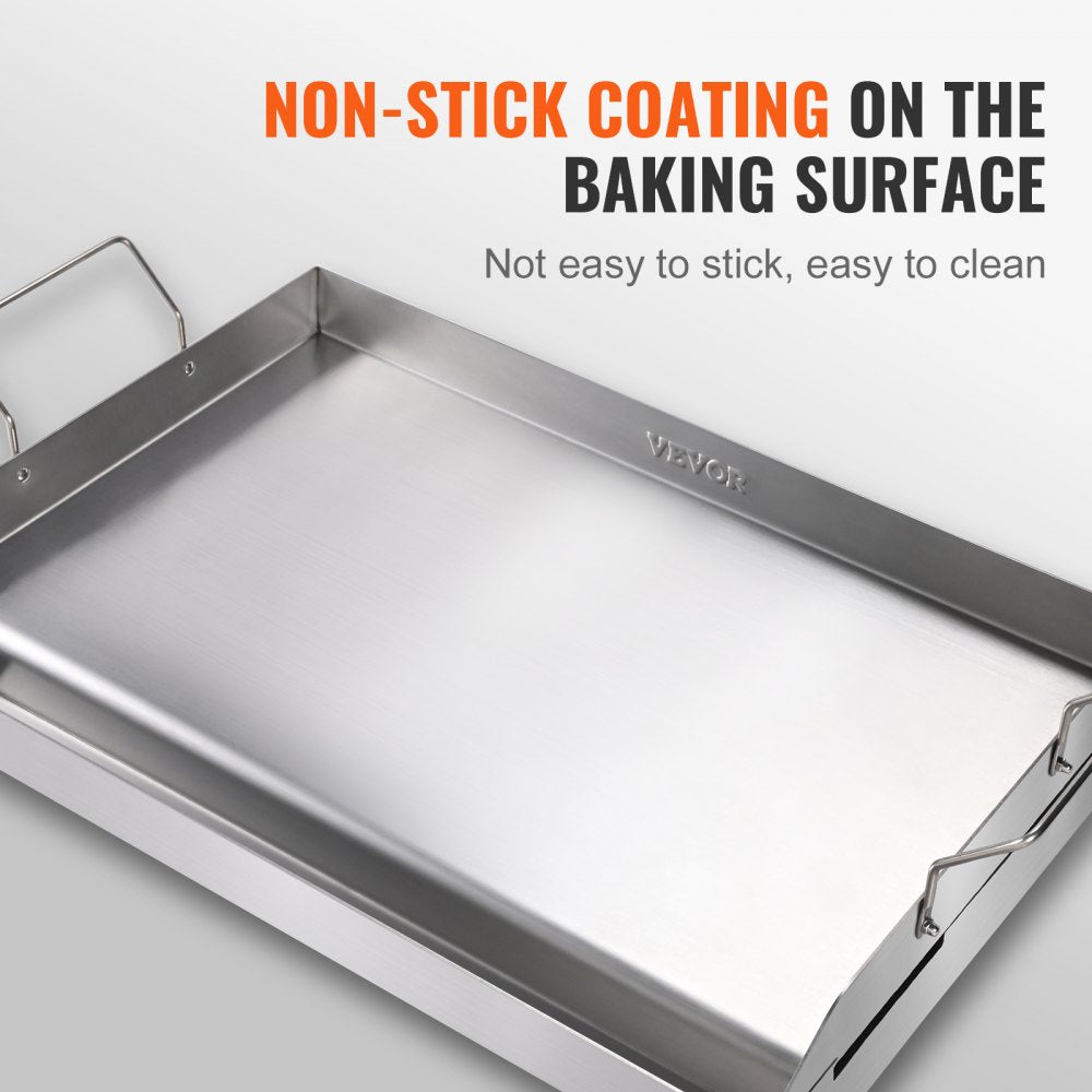 Stove Top Griddle, 23.5"x16" Pre-Seasoned Stainless Steel Griddle, Rectangular Double Burner Griddle Pan, Non-Stick Family Pan Cookware with Handles and Oil Groove, for BBQ, Gas Grills, Silver