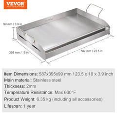 Stove Top Griddle, 23.5"x16" Pre-Seasoned Stainless Steel Griddle, Rectangular Double Burner Griddle Pan, Non-Stick Family Pan Cookware with Handles and Oil Groove, for BBQ, Gas Grills, Silver