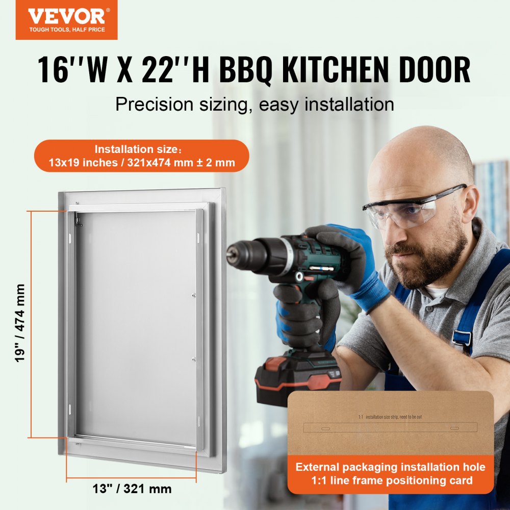 BBQ Access Door, 16W x 22H Inch Single Outdoor Kitchen Door, Stainless Steel Flush Mount Door, Wall Vertical Door with Handle, for BBQ Island, Grilling Station, Outside Cabinet
