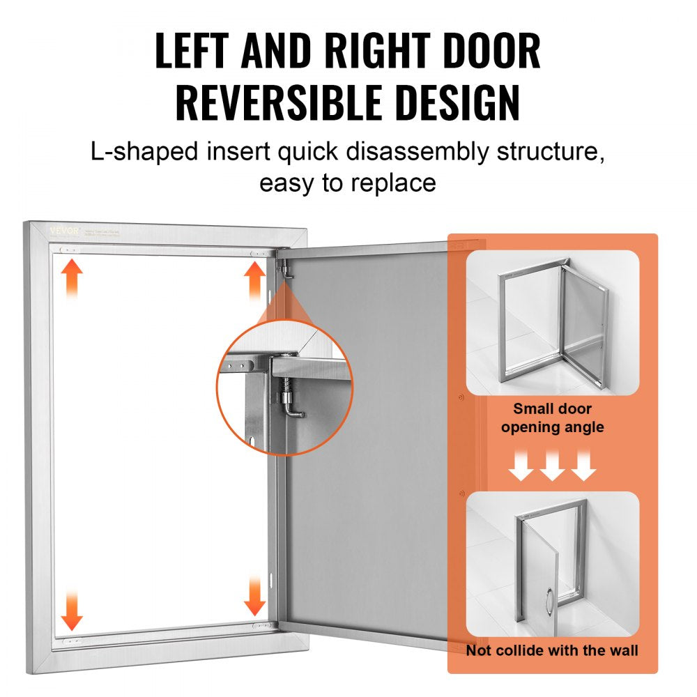 BBQ Access Door, 16W x 22H Inch Single Outdoor Kitchen Door, Stainless Steel Flush Mount Door, Wall Vertical Door with Handle, for BBQ Island, Grilling Station, Outside Cabinet