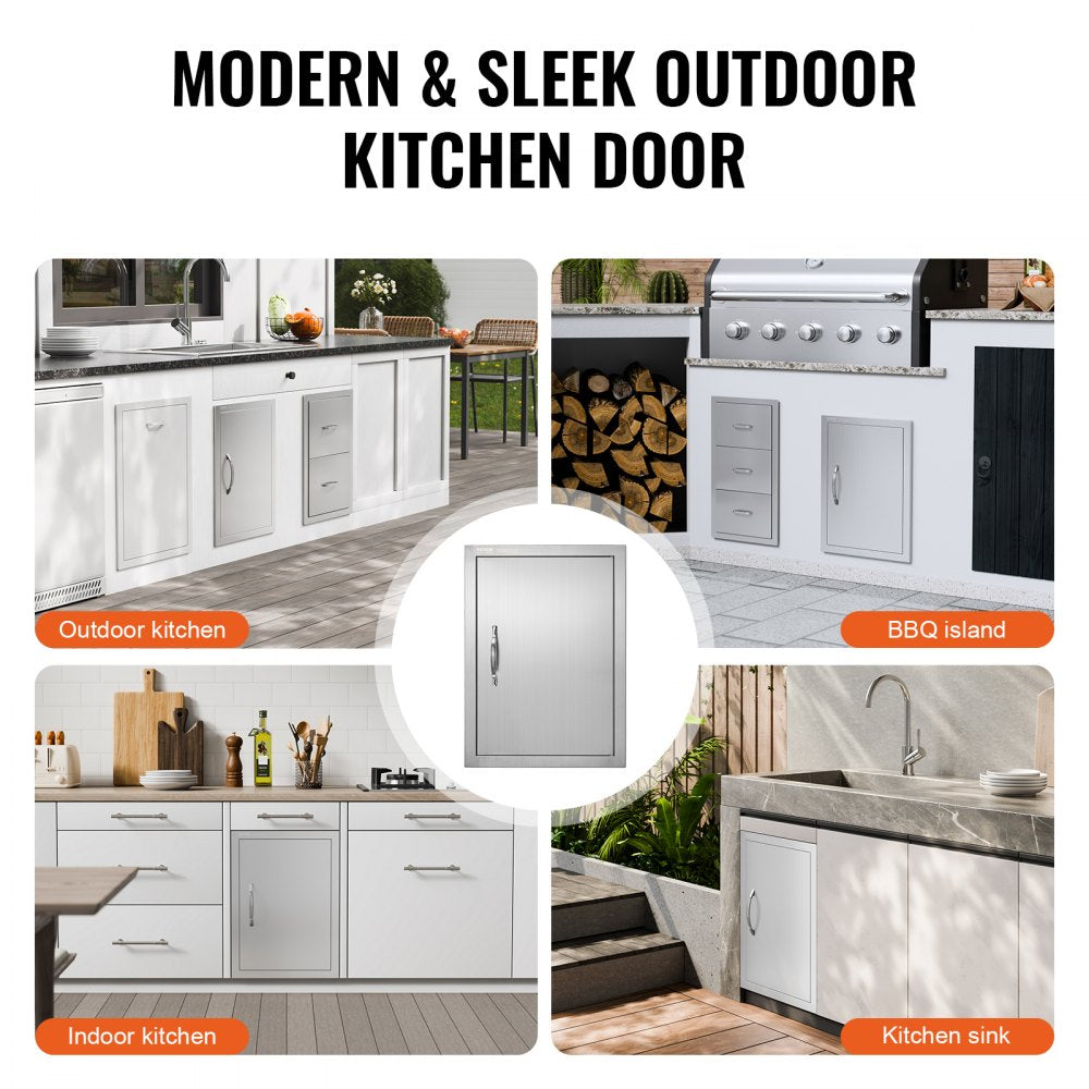 BBQ Access Door, 16W x 22H Inch Single Outdoor Kitchen Door, Stainless Steel Flush Mount Door, Wall Vertical Door with Handle, for BBQ Island, Grilling Station, Outside Cabinet