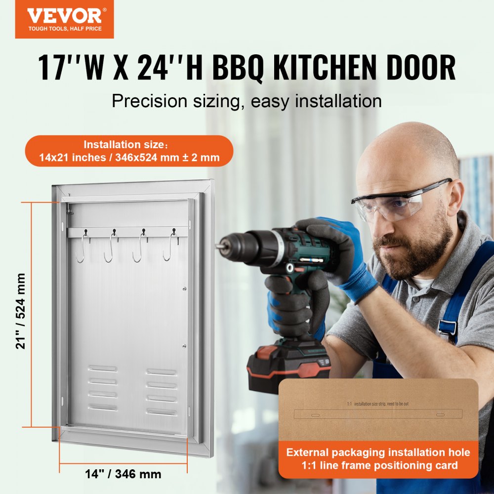 BBQ Access Door, 17W x 24H Inch Single Outdoor Kitchen Door, Stainless Steel Flush Mount Door, Wall Vertical Door with Handle, Vents and Hook, for BBQ Island, Grilling Station, Outside Cabinet