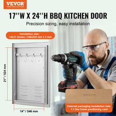 BBQ Access Door, 17W x 24H Inch Single Outdoor Kitchen Door, Stainless Steel Flush Mount Door, Wall Vertical Door with Handle, Vents and Hook, for BBQ Island, Grilling Station, Outside Cabinet