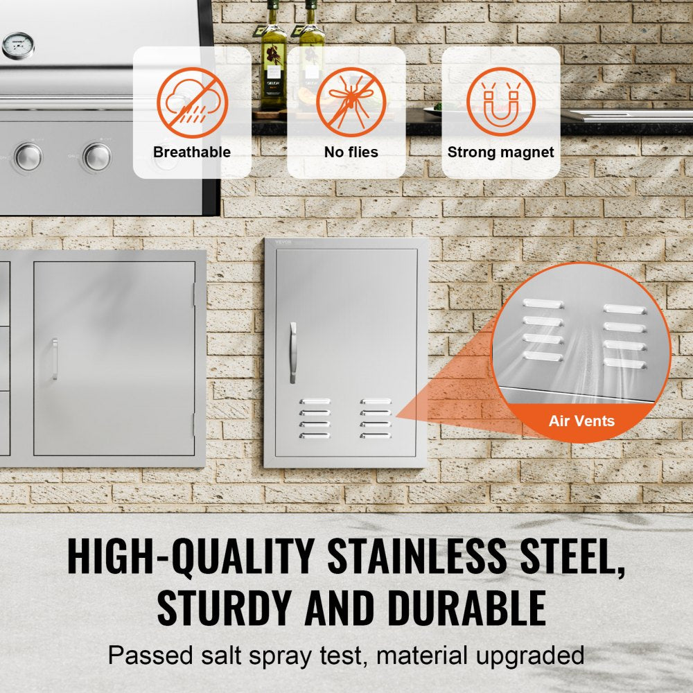 BBQ Access Door, 17W x 24H Inch Single Outdoor Kitchen Door, Stainless Steel Flush Mount Door, Wall Vertical Door with Handle, Vents and Hook, for BBQ Island, Grilling Station, Outside Cabinet