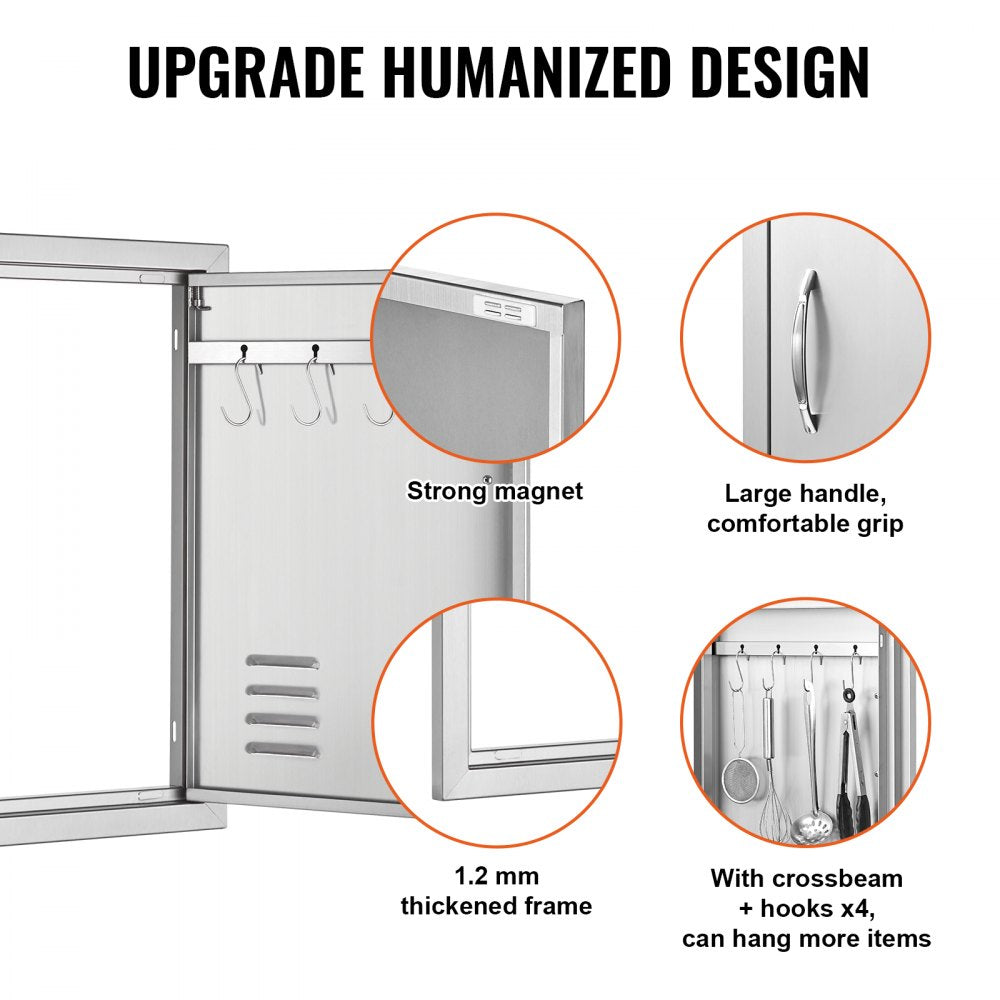 BBQ Access Door, 17W x 24H Inch Single Outdoor Kitchen Door, Stainless Steel Flush Mount Door, Wall Vertical Door with Handle, Vents and Hook, for BBQ Island, Grilling Station, Outside Cabinet