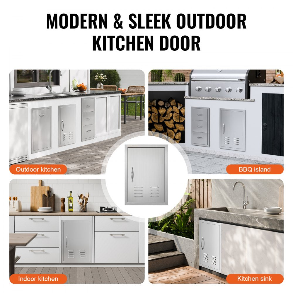 BBQ Access Door, 17W x 24H Inch Single Outdoor Kitchen Door, Stainless Steel Flush Mount Door, Wall Vertical Door with Handle, Vents and Hook, for BBQ Island, Grilling Station, Outside Cabinet