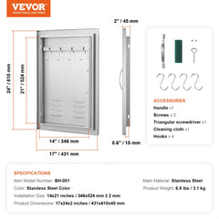 BBQ Access Door, 17W x 24H Inch Single Outdoor Kitchen Door, Stainless Steel Flush Mount Door, Wall Vertical Door with Handle, Vents and Hook, for BBQ Island, Grilling Station, Outside Cabinet