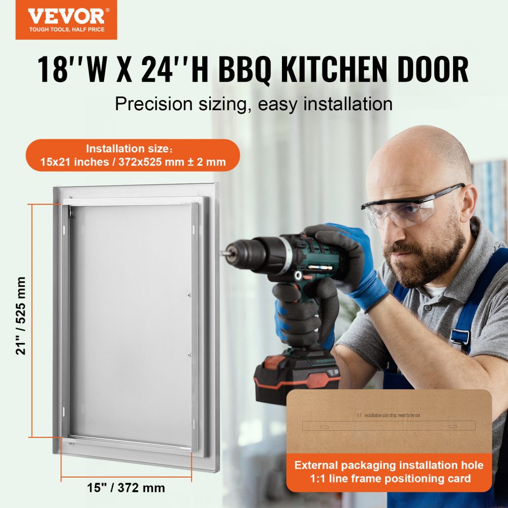 BBQ Access Door, 18W x 24H Inch Single Outdoor Kitchen Door, Stainless Steel Flush Mount Door, Wall Vertical Door with Handle, for BBQ Island, Grilling Station, Outside Cabinet