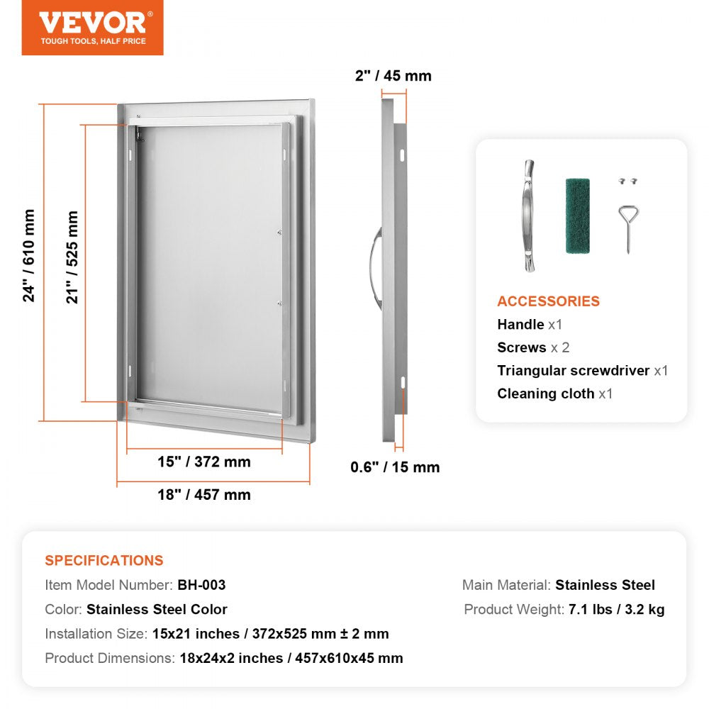 BBQ Access Door, 18W x 24H Inch Single Outdoor Kitchen Door, Stainless Steel Flush Mount Door, Wall Vertical Door with Handle, for BBQ Island, Grilling Station, Outside Cabinet