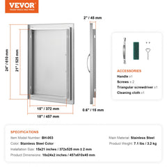 BBQ Access Door, 18W x 24H Inch Single Outdoor Kitchen Door, Stainless Steel Flush Mount Door, Wall Vertical Door with Handle, for BBQ Island, Grilling Station, Outside Cabinet