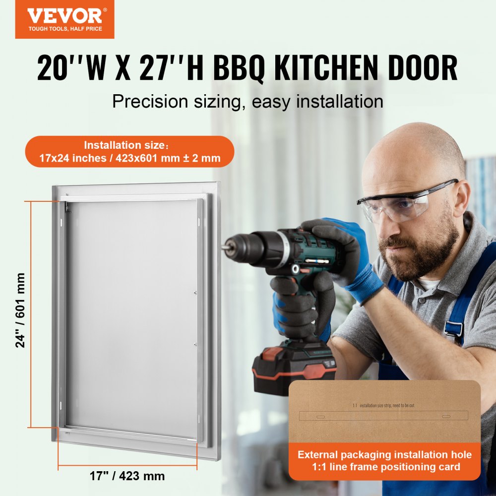 BBQ Access Door, 20W x 27H Inch Single Outdoor Kitchen Door, Stainless Steel Flush Mount Door, Wall Vertical Door with Handle, for BBQ Island, Grilling Station, Outside Cabinet