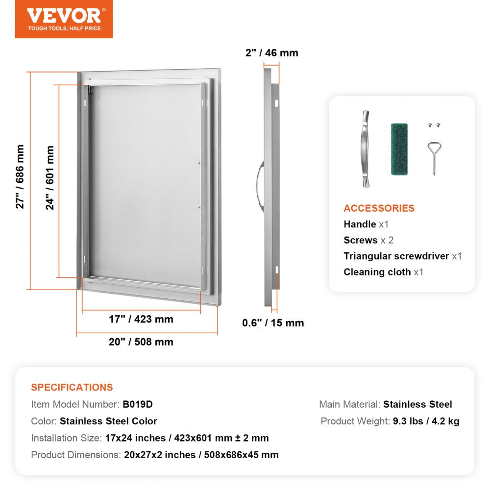 BBQ Access Door, 20W x 27H Inch Single Outdoor Kitchen Door, Stainless Steel Flush Mount Door, Wall Vertical Door with Handle, for BBQ Island, Grilling Station, Outside Cabinet