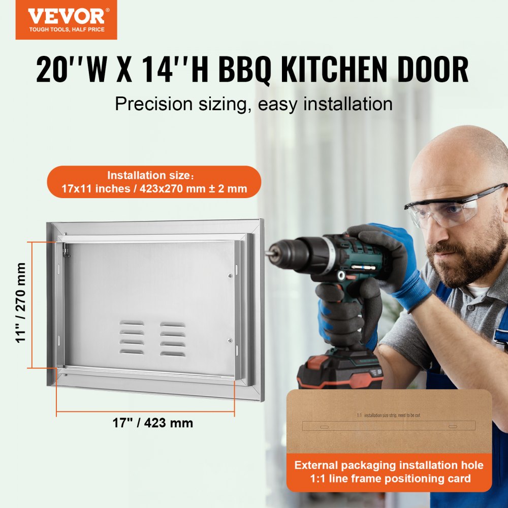 BBQ Access Door, 20W x 14H Inch Single Outdoor Kitchen Door, Stainless Steel Flush Mount Door, Wall Vertical Door with Handle and vents, for BBQ Island, Grilling Station, Outside Cabinet
