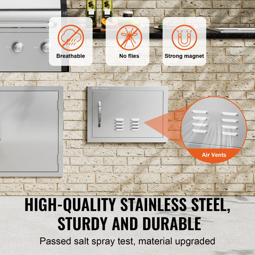 BBQ Access Door, 20W x 14H Inch Single Outdoor Kitchen Door, Stainless Steel Flush Mount Door, Wall Vertical Door with Handle and vents, for BBQ Island, Grilling Station, Outside Cabinet