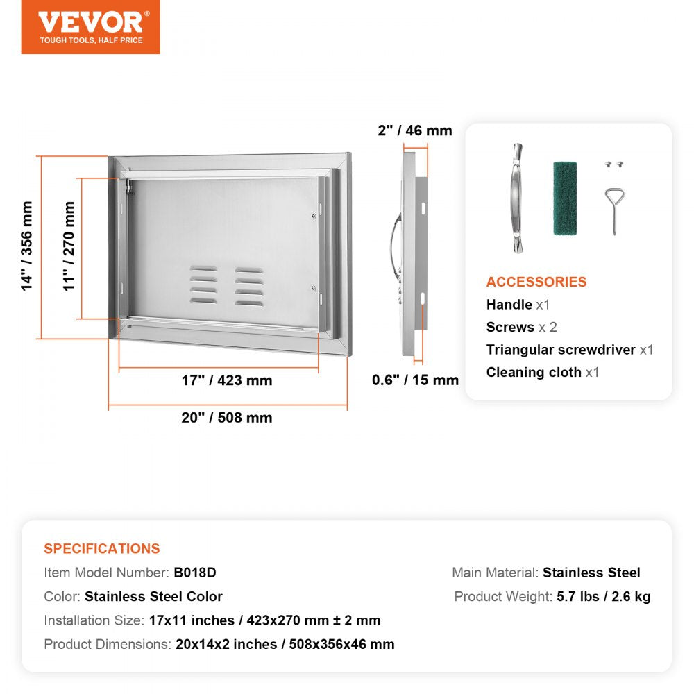 BBQ Access Door, 20W x 14H Inch Single Outdoor Kitchen Door, Stainless Steel Flush Mount Door, Wall Vertical Door with Handle and vents, for BBQ Island, Grilling Station, Outside Cabinet