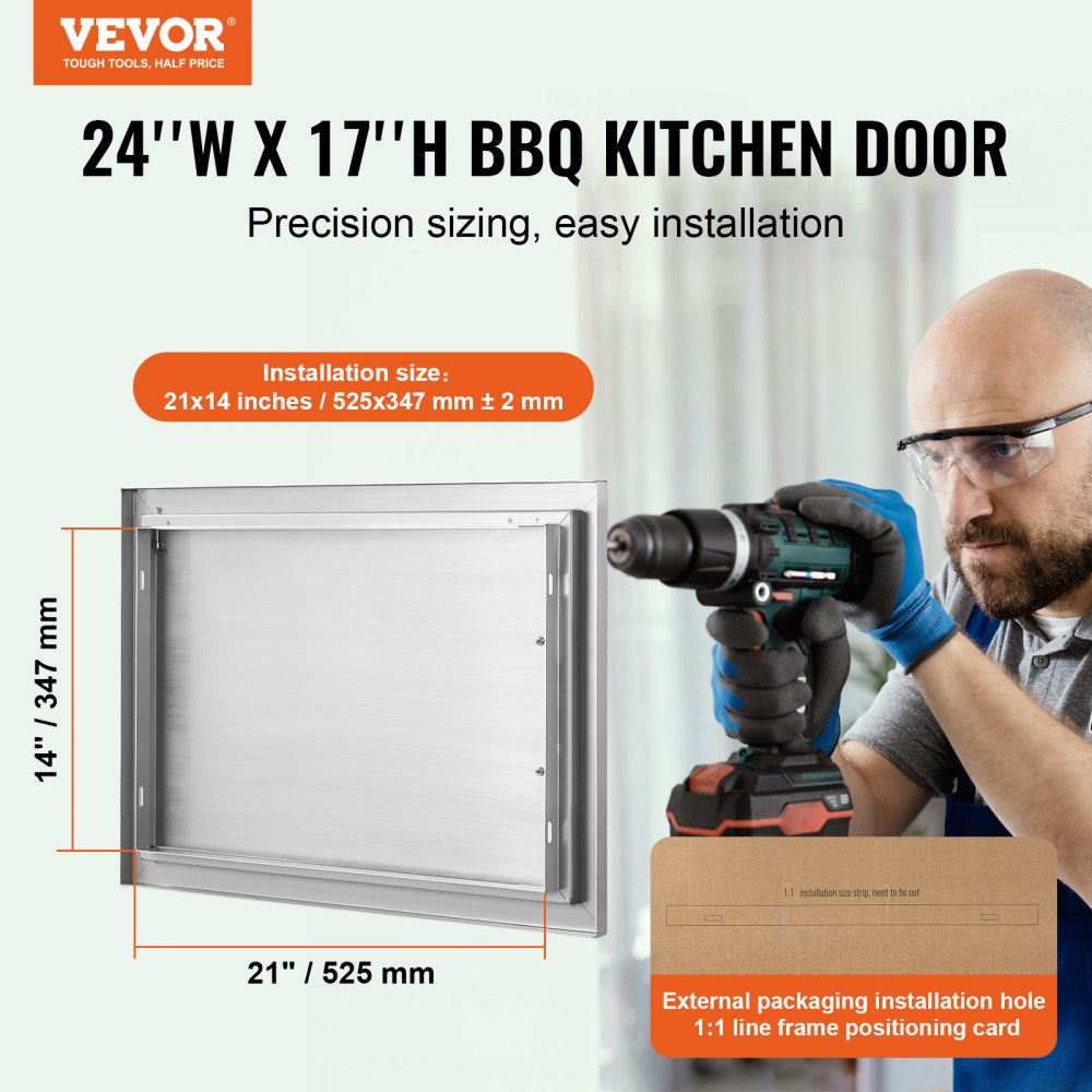 BBQ Access Door, 24W x 17H Inch Single Outdoor Kitchen Door, Stainless Steel Flush Mount Door, Wall Vertical Door with Handle, for BBQ Island, Grilling Station, Outside Cabinet