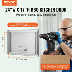 BBQ Access Door, 24W x 17H Inch Single Outdoor Kitchen Door, Stainless Steel Flush Mount Door, Wall Vertical Door with Handle and vents, for BBQ Island, Grilling Station, Outside Cabinet